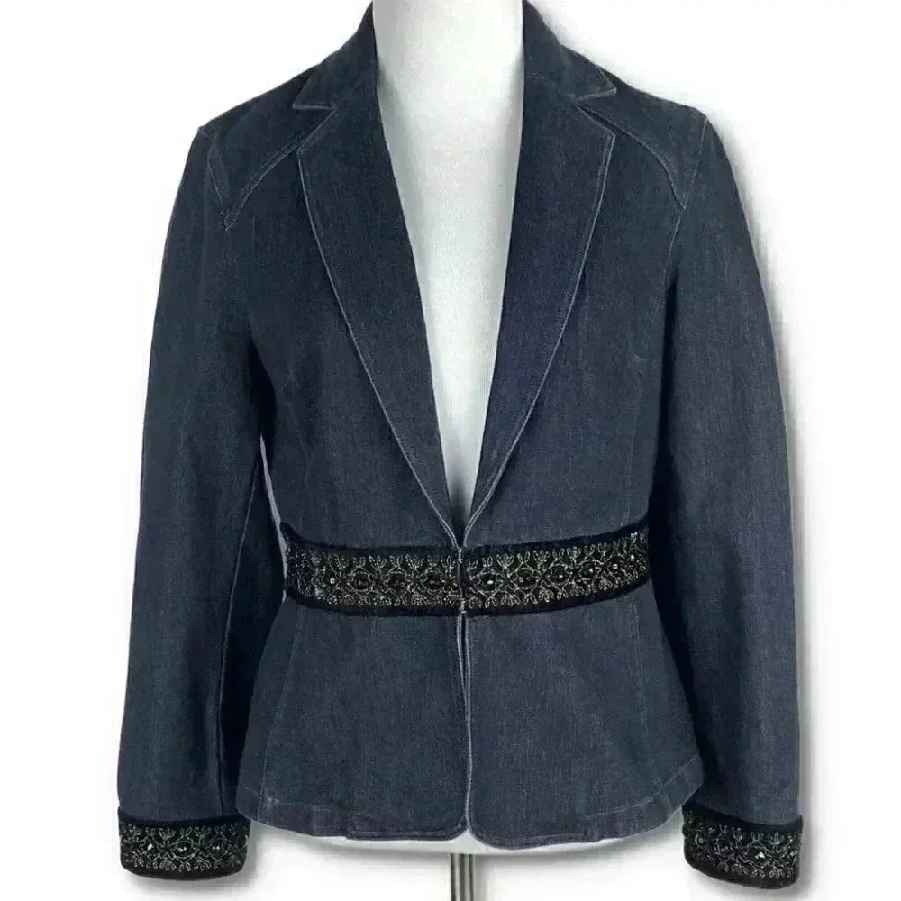 Nine West womens blazer size S blue Jean jacket gold denim vintage 90s western